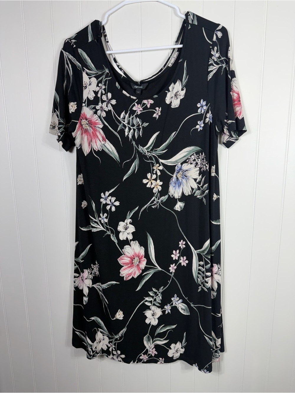 Reitmans Floral Swing Dress Large Black Short Sleeve Stretch